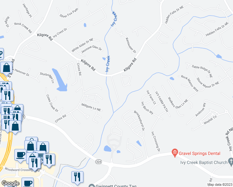map of restaurants, bars, coffee shops, grocery stores, and more near 3552 Huddlestone Lane Northeast in Buford