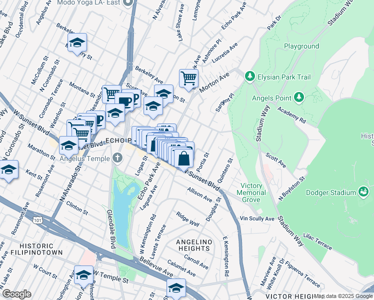 map of restaurants, bars, coffee shops, grocery stores, and more near 1365 Laveta Terrace in Los Angeles