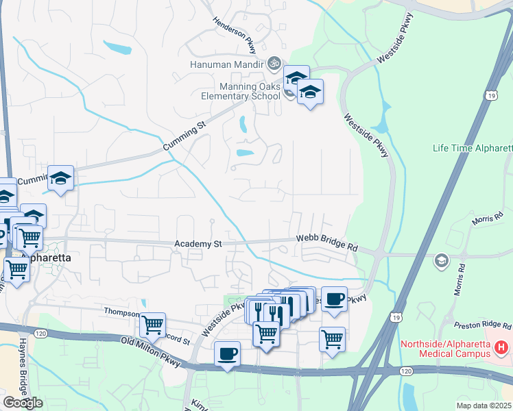 map of restaurants, bars, coffee shops, grocery stores, and more near 145 Blue Heron Lane in Alpharetta