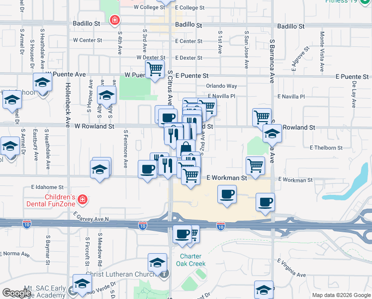 map of restaurants, bars, coffee shops, grocery stores, and more near 146 Shoppers Lane in Covina
