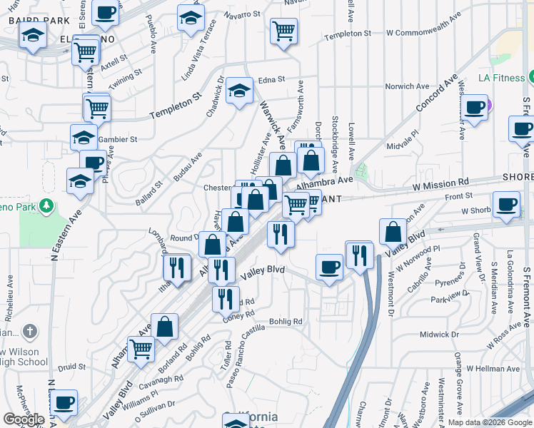 map of restaurants, bars, coffee shops, grocery stores, and more near 5416 Alhambra Avenue in Los Angeles