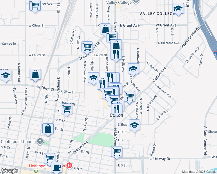 map of restaurants, bars, coffee shops, grocery stores, and more near 1181 North Mount Vernon Avenue in Colton