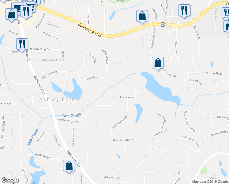 map of restaurants, bars, coffee shops, grocery stores, and more near 446 India Lake Court in Acworth