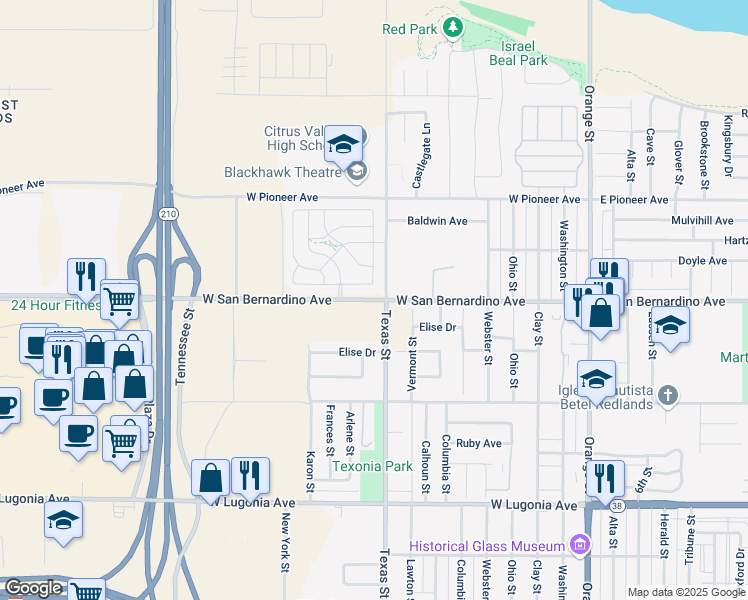 map of restaurants, bars, coffee shops, grocery stores, and more near 818 West San Bernardino Avenue in Redlands