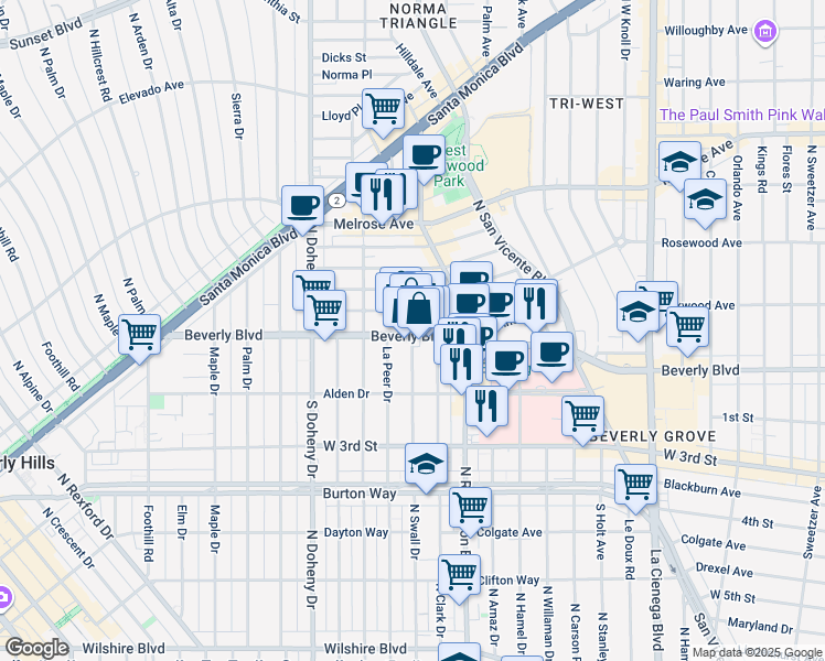 map of restaurants, bars, coffee shops, grocery stores, and more near 8899 Beverly Boulevard in West Hollywood