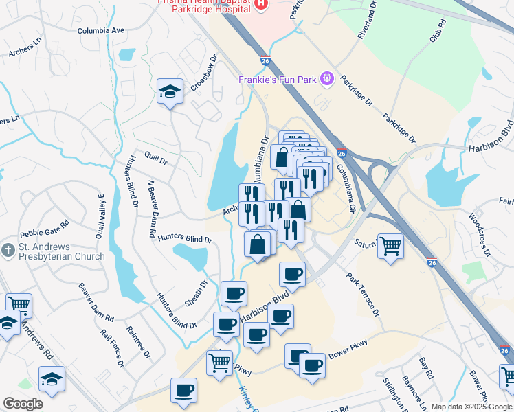 map of restaurants, bars, coffee shops, grocery stores, and more near 173 Columbiana Drive in Columbia
