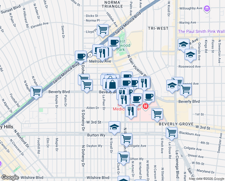 map of restaurants, bars, coffee shops, grocery stores, and more near 8899 Beverly Boulevard in West Hollywood