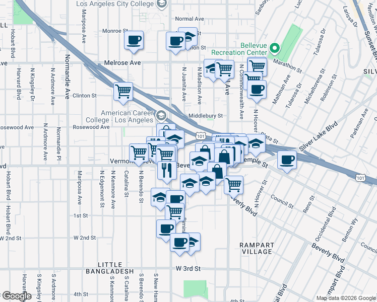 map of restaurants, bars, coffee shops, grocery stores, and more near 316 North Juanita Avenue in Los Angeles