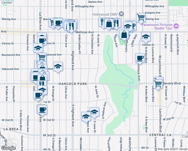 map of restaurants, bars, coffee shops, grocery stores, and more near 321 North June Street in Los Angeles