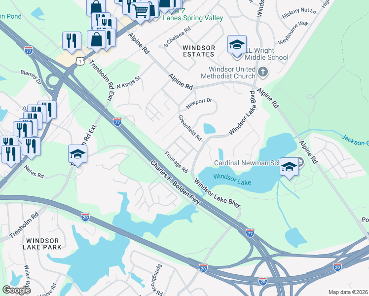 map of restaurants, bars, coffee shops, grocery stores, and more near 414 Wincrest Lane in Columbia