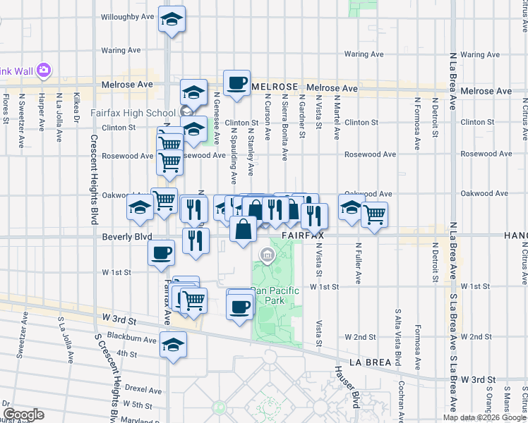 map of restaurants, bars, coffee shops, grocery stores, and more near 341 North Curson Avenue in Los Angeles