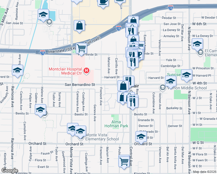 map of restaurants, bars, coffee shops, grocery stores, and more near 5139 San Bernardino Street in Montclair