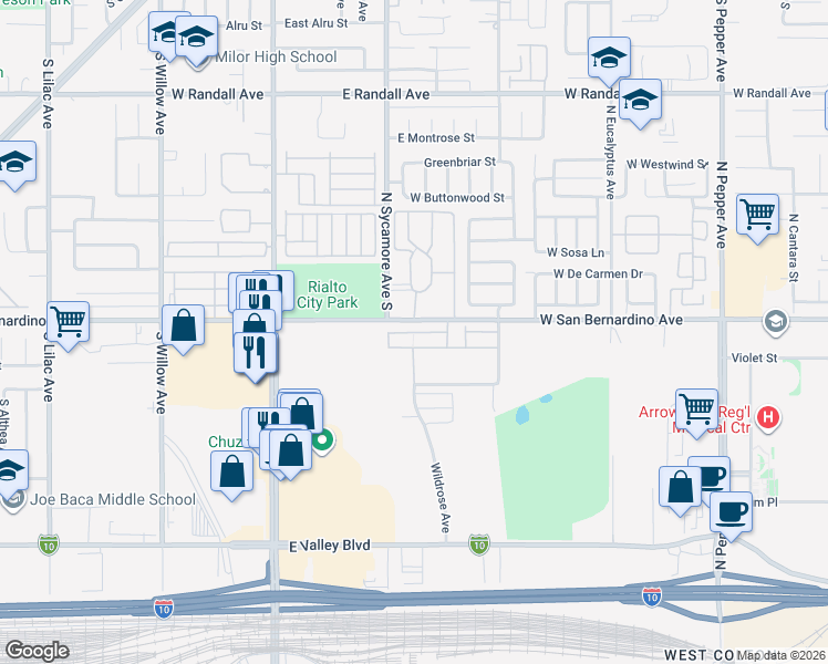 map of restaurants, bars, coffee shops, grocery stores, and more near Juniper Lane in Colton