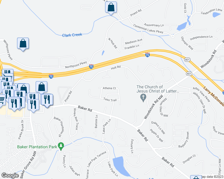 map of restaurants, bars, coffee shops, grocery stores, and more near 1084 Athena Court in Acworth