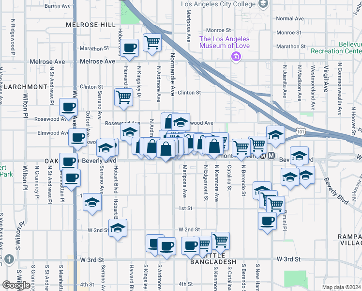map of restaurants, bars, coffee shops, grocery stores, and more near 335 Mariposa Avenue in Los Angeles