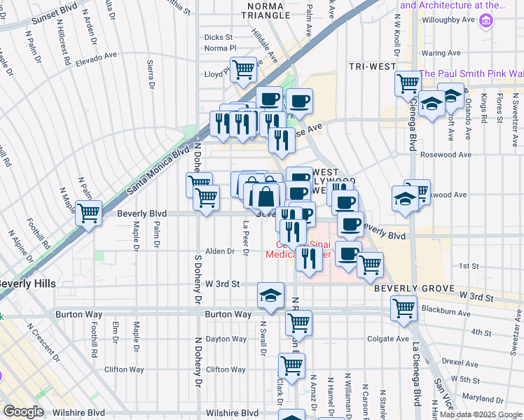 map of restaurants, bars, coffee shops, grocery stores, and more near 8899 Beverly Boulevard in West Hollywood