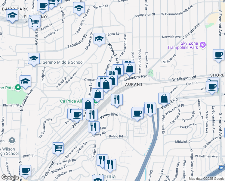map of restaurants, bars, coffee shops, grocery stores, and more near 5420 Alhambra Avenue in Los Angeles