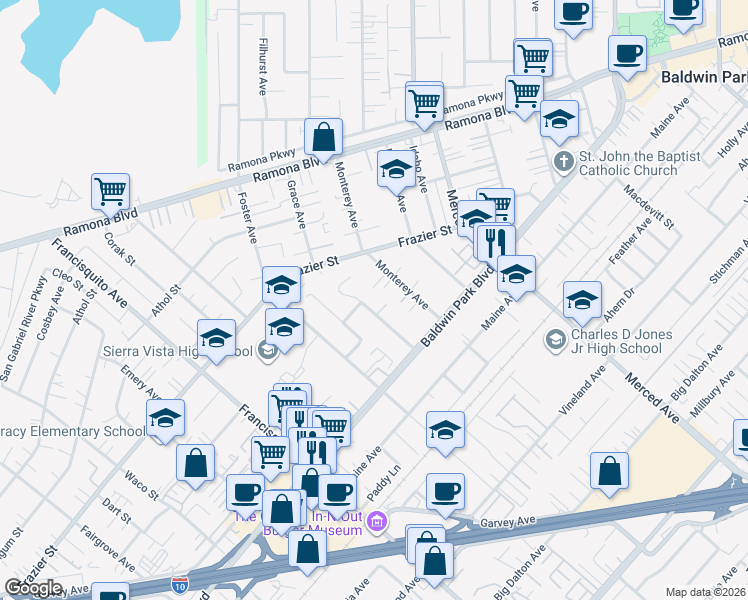 map of restaurants, bars, coffee shops, grocery stores, and more near 13603 Rexwood Avenue in Baldwin Park