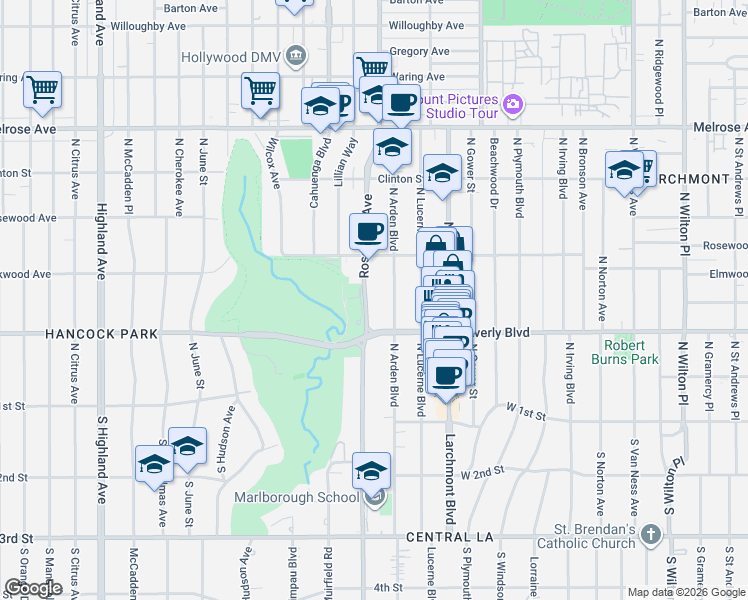 map of restaurants, bars, coffee shops, grocery stores, and more near 316 North Rossmore Avenue in Los Angeles