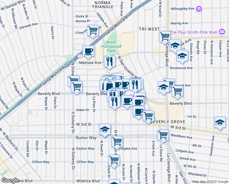map of restaurants, bars, coffee shops, grocery stores, and more near 8816 Beverly Boulevard in West Hollywood