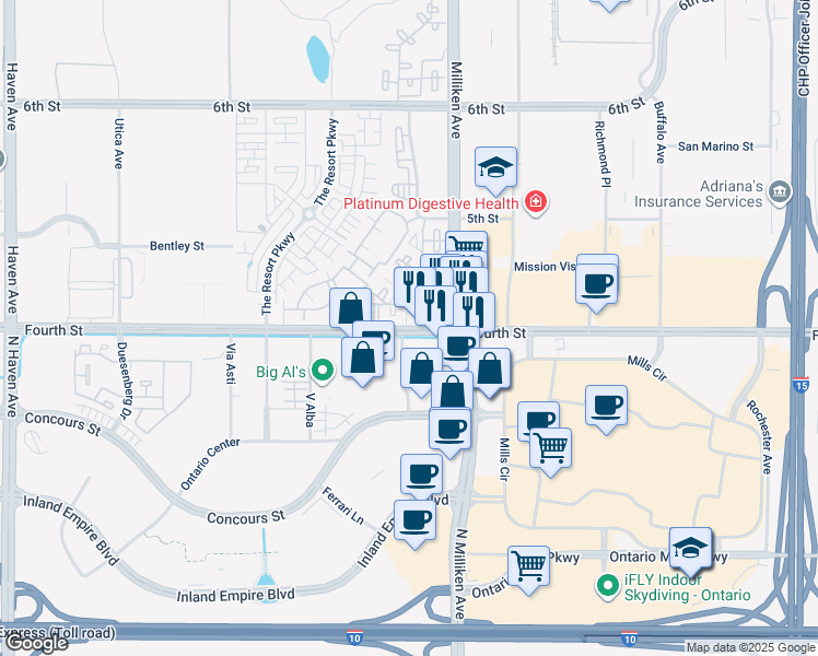 map of restaurants, bars, coffee shops, grocery stores, and more near 11210 East 4th Street in Rancho Cucamonga