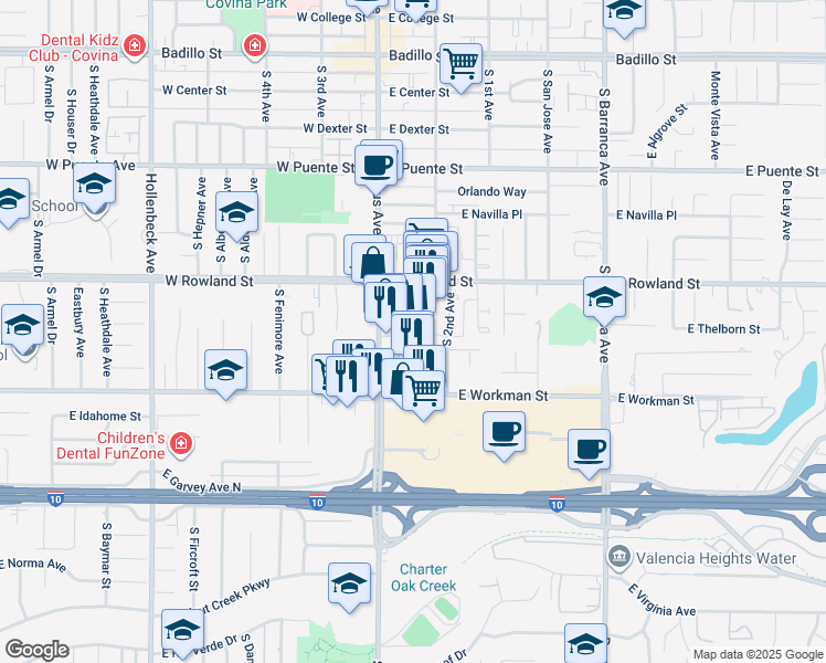 map of restaurants, bars, coffee shops, grocery stores, and more near 105 East Loma Vista Street in Covina