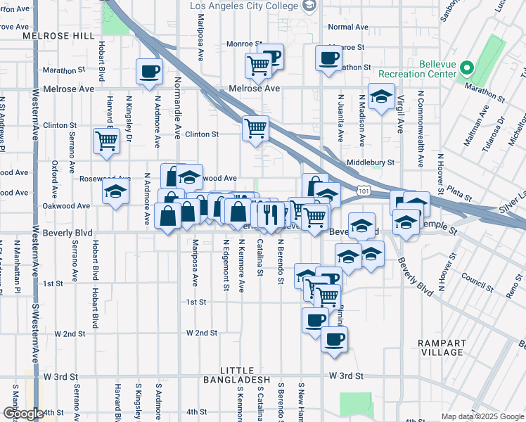map of restaurants, bars, coffee shops, grocery stores, and more near 334 North Heliotrope Drive in Los Angeles