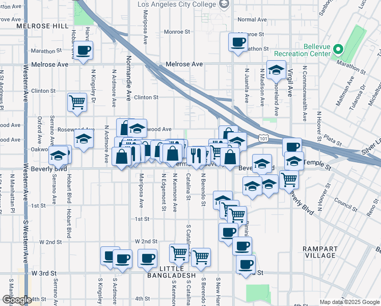 map of restaurants, bars, coffee shops, grocery stores, and more near 334 Heliotrope Drive in Los Angeles
