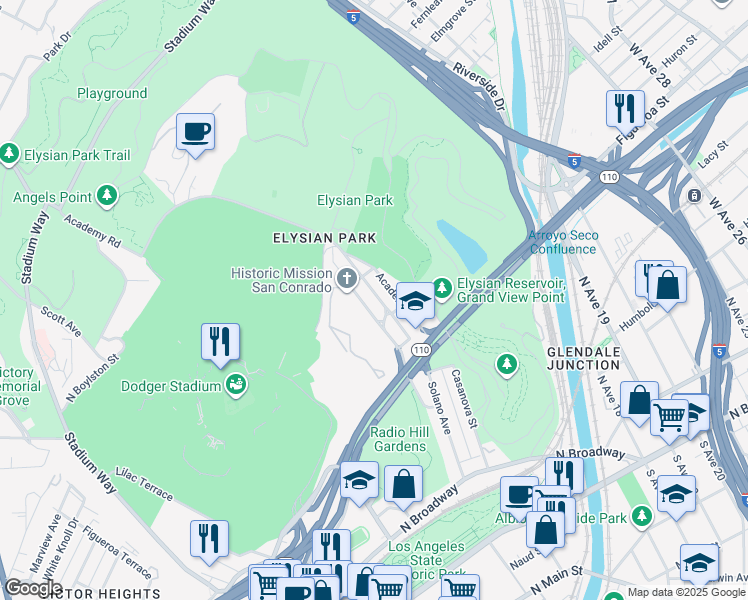 map of restaurants, bars, coffee shops, grocery stores, and more near 724 Solano Avenue in Los Angeles