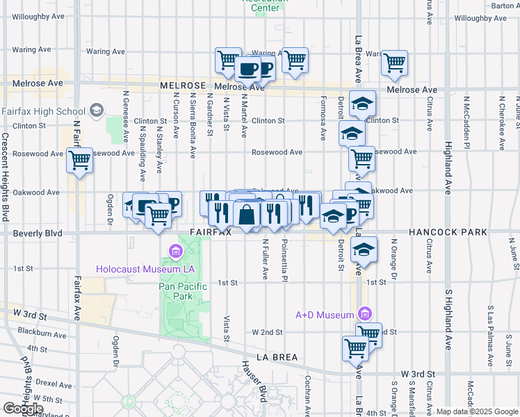 map of restaurants, bars, coffee shops, grocery stores, and more near 341 North Fuller Avenue in Los Angeles