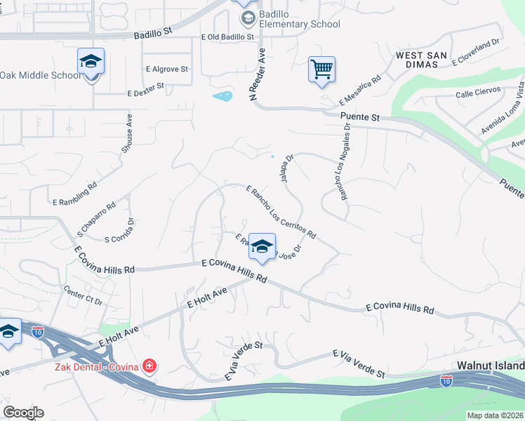 map of restaurants, bars, coffee shops, grocery stores, and more near 20528 East Rancho Los Cerritos Road in Covina