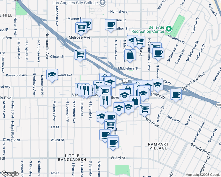 map of restaurants, bars, coffee shops, grocery stores, and more near 346 North Vermont Avenue in Los Angeles