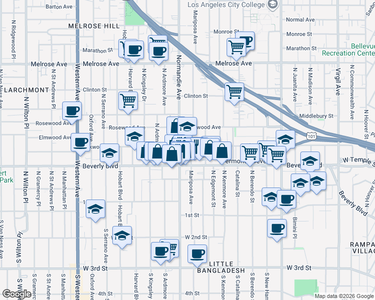 map of restaurants, bars, coffee shops, grocery stores, and more near 335 Mariposa Avenue in Los Angeles
