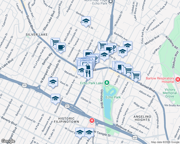 map of restaurants, bars, coffee shops, grocery stores, and more near 2100 West Sunset Boulevard in Los Angeles