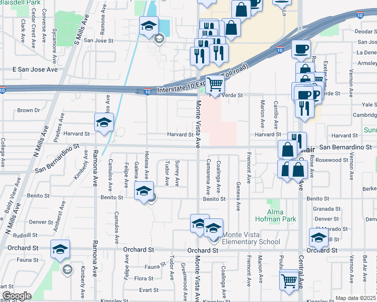 map of restaurants, bars, coffee shops, grocery stores, and more near 4861 San Bernardino Street in Montclair