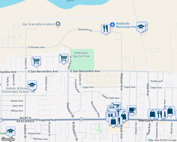 map of restaurants, bars, coffee shops, grocery stores, and more near 1620 East San Bernardino Avenue in Redlands
