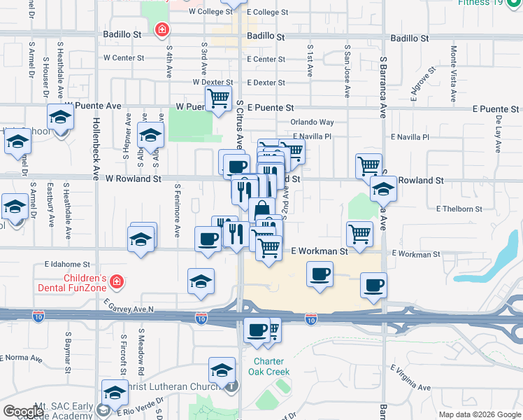 map of restaurants, bars, coffee shops, grocery stores, and more near 146 Shoppers Lane in Covina
