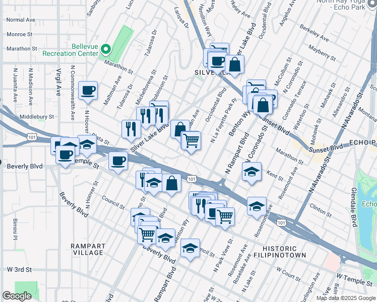 map of restaurants, bars, coffee shops, grocery stores, and more near 446 Parkman Avenue in Los Angeles