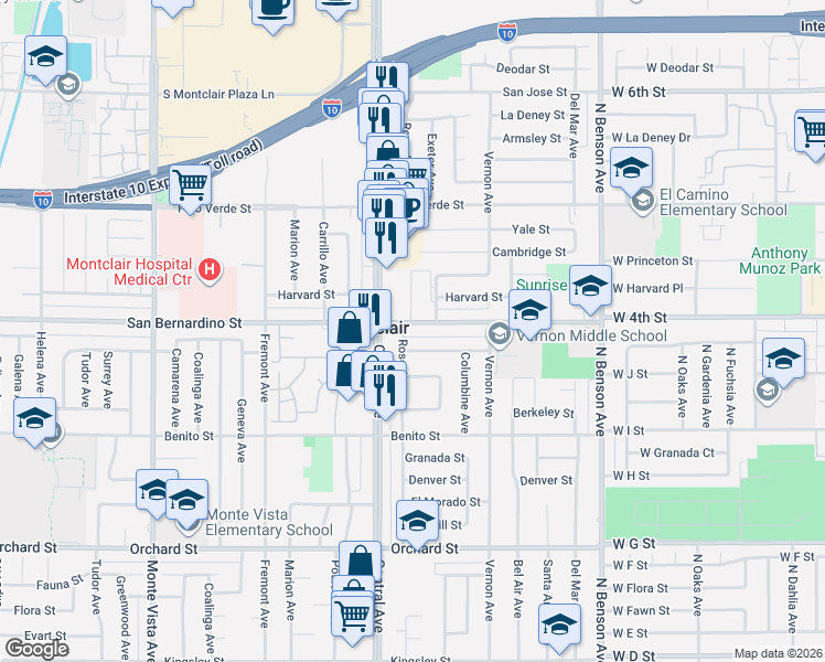 map of restaurants, bars, coffee shops, grocery stores, and more near 5356 Rosewood Street in Montclair