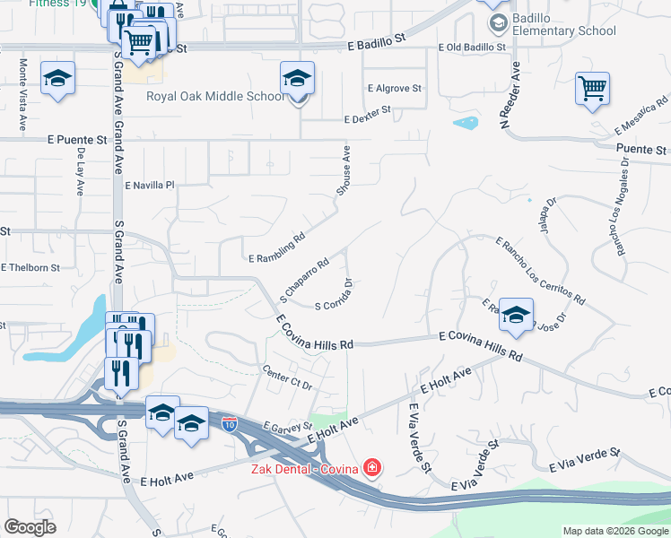 map of restaurants, bars, coffee shops, grocery stores, and more near 654 South Chaparro Road in Covina