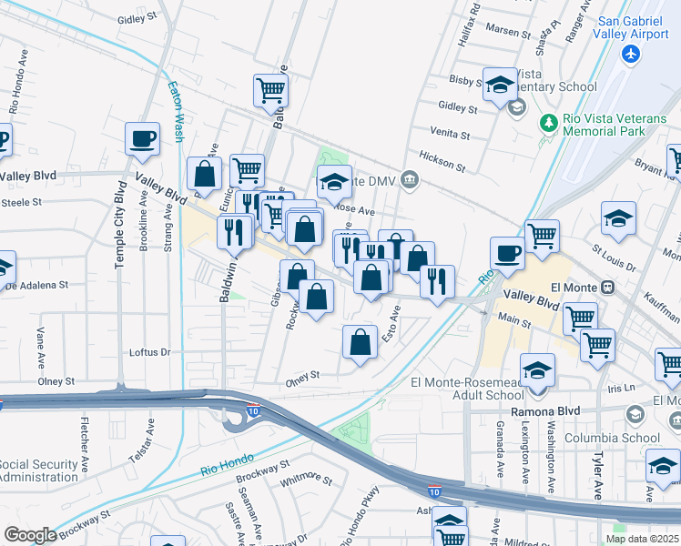 map of restaurants, bars, coffee shops, grocery stores, and more near 10168 Valley Boulevard in El Monte