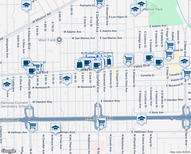 map of restaurants, bars, coffee shops, grocery stores, and more near 1507 South Garfield Avenue in Alhambra
