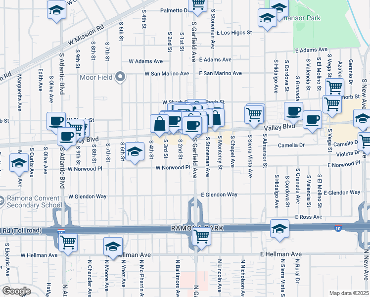 map of restaurants, bars, coffee shops, grocery stores, and more near 1507 South Garfield Avenue in Alhambra