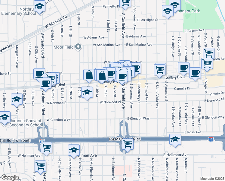 map of restaurants, bars, coffee shops, grocery stores, and more near 1504 South 3rd Street in Alhambra