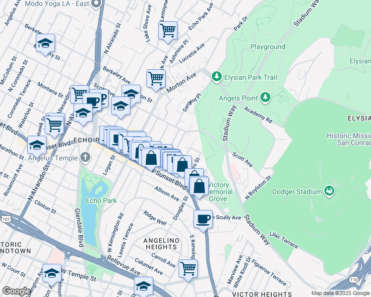 map of restaurants, bars, coffee shops, grocery stores, and more near 1411 Sutherland Street in Los Angeles