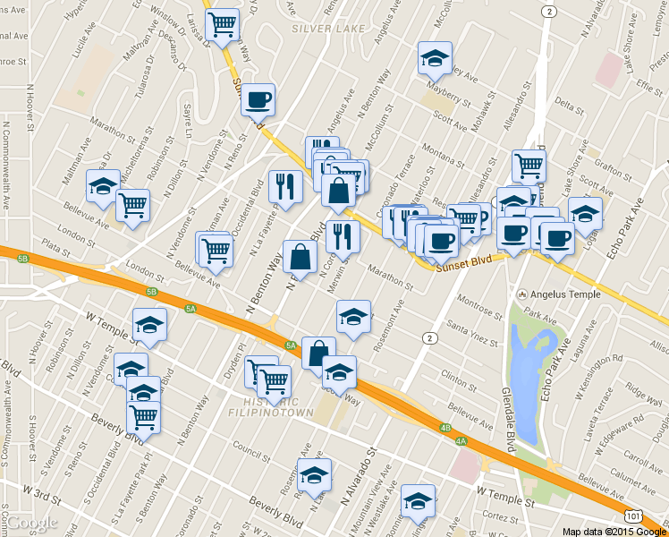map of restaurants, bars, coffee shops, grocery stores, and more near 807 North Coronado Street in Los Angeles