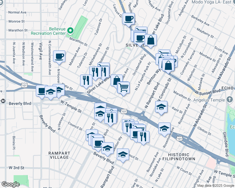 map of restaurants, bars, coffee shops, grocery stores, and more near 446 Parkman Avenue in Los Angeles