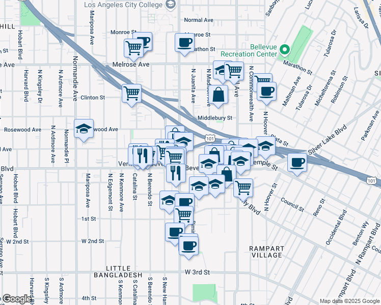 map of restaurants, bars, coffee shops, grocery stores, and more near in Los Angeles