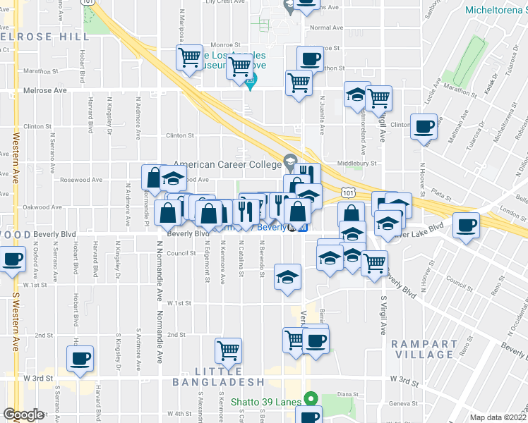 map of restaurants, bars, coffee shops, grocery stores, and more near 324 North Berendo Street in Los Angeles