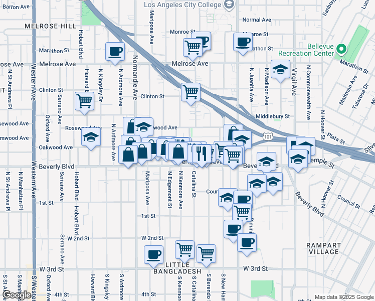 map of restaurants, bars, coffee shops, grocery stores, and more near in Los Angeles